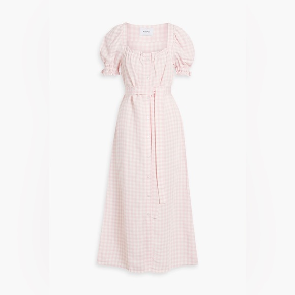 EUC Daily Sleeper Brigitte Linen-Blend Pink Gingham Midi Dress Size S - Picture 3 of 6